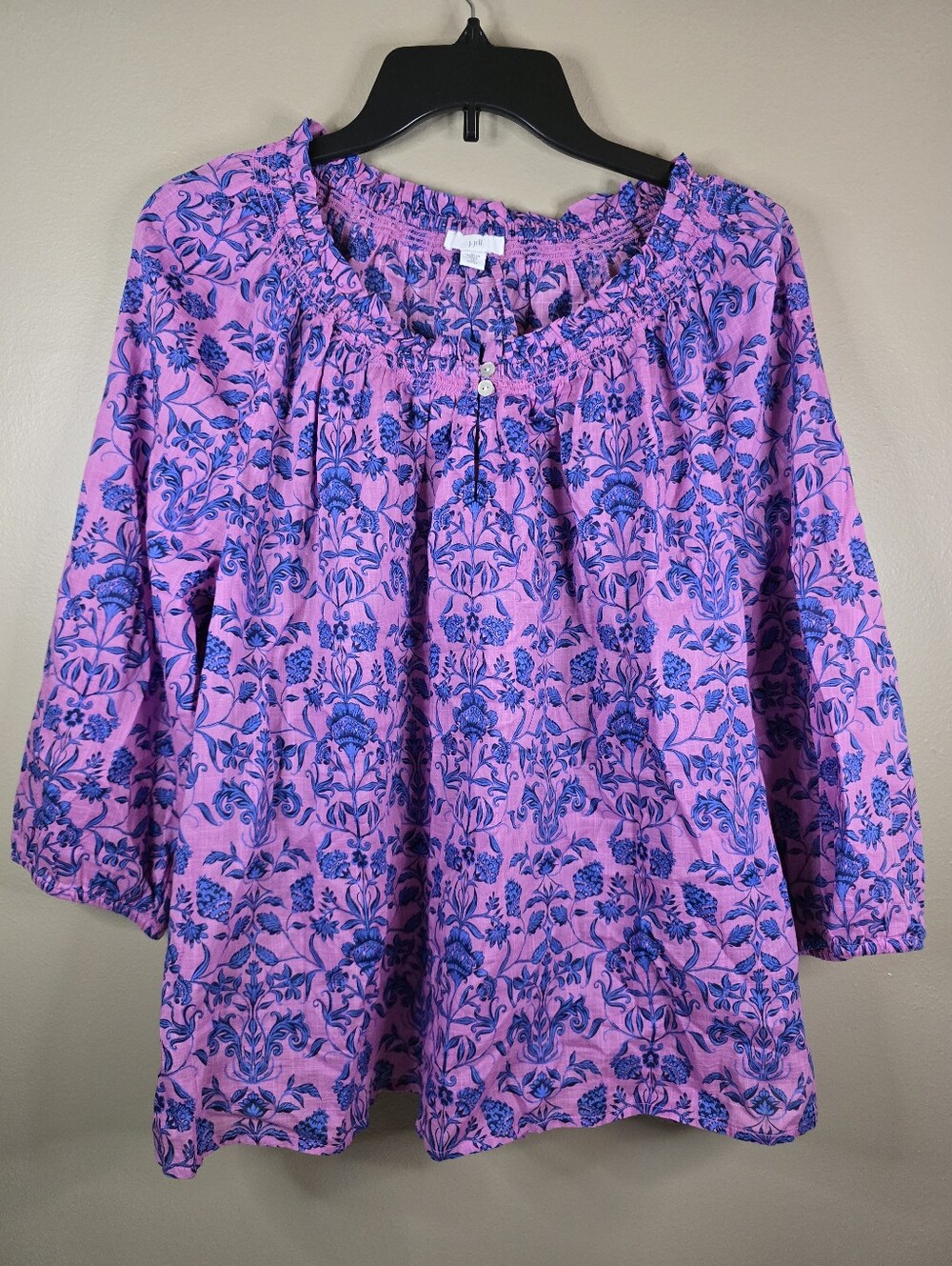 J. Jill Floral Blouse Womens XLarge Petite Pink Blue Cotton Smocked Peasant Top